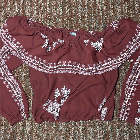 Charlotte Russe Tops - Boho crop top off the shoulder bohemian print ruffle neckline long sleeve top Xs